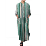 Nukty Men's Muslim Long Sleeve Cotton Striped Robes Islamic Arabian Kaftan Suit Middle East Dubai Abaya Retro Spring Clothing 2025 New