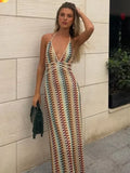 Nukty Women Colorful Printing Crochet Knit Long Dress Sexy Deep V-neck Backless Sleeveless Bodycon Robe Lady Vocation Dresses