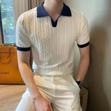 Nukty Men's Knit Short Sleeve Polo Shirt Casual Soft Supple High-end Feel Round Neck Loose-fit Top Japanese Style Solid Color