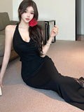 Nukty Sexy Black Lace Hollowed Halter Dresses Women Off Shoulder Backless Slim Mermaid Long Dress High Fashion Party Outfits Vestidos