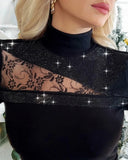Nukty Women's Top Rhinestone Contrast Lace High Neck Slim Cutout Long Sleeve Casual Tee New Fashion Skinny Elegant T-Shirt for Women