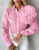 Nukty Female T-Shirts Pullover Tops Elegant Blouses Rose Detail Rhinestone Turn-Down Collar Top Autumn Spring New Fashion Casual