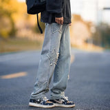 Nukty Men Star Embroidery Straight Casual Jeans Male New Fashion Straight Wide Leg Loose Hip Hop High Street Baggy Denim Trousers