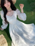 Nukty Autumn Elegant Jacquard Fairy Dress Vintage Court Style Lantern Sleeve Princess Party White Dresses Korean Bandage Vestidos New