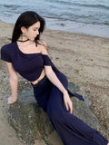 Nukty Elegant Solid Skirt Suits New Fashion Diagonal Collar Short Top + Slim Waist Long Skirt Womens Two Pieces Set Female Clothing
