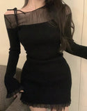 Nukty Sexy Mini Lace Dress Women Off Shoulder Bandage Ladies Dresses Patchwork Mesh Ruffles Slim Stretch Elegant Knit Vestidos