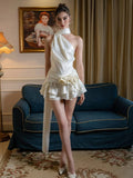 Nukty Satin Sexy Backless 3D Flowers Women Dress White Halter A-line Dress Female Spring Slim Elegant Party Clubwear Vestidos
