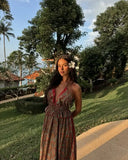 Nukty Vintage Print Backless V-neck Maxi Dress For Women High Waist Ruffles Loose Maxi Dresses New Vocation Beach Sexy Vestidos
