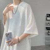 Nukty Summer Texture Short Sleeve Men T Shirt Korean Style Loose O Neck Fashion Casual  Cool Tshirt Oversized Hollow out Tops White