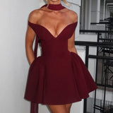 Nukty Solid Off Shoulder V-neck Backless Sleeveless Mini Dresses Sexy Zipper High Waist Bodycon Dress Evening Women Vestidos