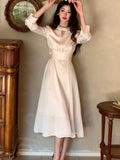 Nukty Spring New Elegant French Satin Vintage Midi Dress Office Lady Lace-up Long Sleeves Slim Wasit Korean Chic Vestidos Basics
