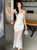 Nukty Elegant Satin Party Dress for Women French Mesh Patchwork Bodycon Mermaid Evening Dresses Summer Midi Vestidos Female Clothing