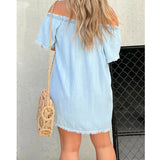 Nukty Shirt Dress Denim Jeans Dresses Women Off Shoulder Slash Neck Blue Tassel Single Breasted A Line Mini Vestidos Streetwear