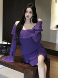 Nukty Women French Sexy Fairy Mini Dress Autumn Spring Purple Slash Neck Flare Long Sleeve Female Evening Party Prom Vestidos Outfits