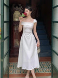 Nukty Women Elegent White Party Prom Midi Dress Summer New French Female Sexy Fashion Slim Off Shoulder Pleated Clothes Vestidos