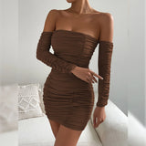 Nukty Long Sleeves Sexy Ruched Strapless Dress Women New Fashion Female Pure Color Mini Pleated Casual Clothing