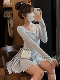 Nukty Y2K Knitted Dresses for Women Autumn Square Collar Long Sleeves Slim Birthday Party Mini Dress Female Pleated A-Line Vestidos