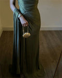 Nukty beautiful Elegant Green Long Evening Dresses One Shoulder Pleats Prom Gowns Celebrity Dresses Satin Formal Occasion P