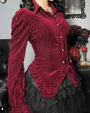 Nukty Aesthetic Gothic Red Velvet Shirts Women Streetwear Fairy Grunge Long Sleeve Lace Patchwork Blouse Emo Alt Rave Outfits