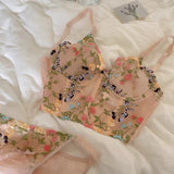 Nukty Women's Vintage Flower Embroidered Bra French Sexy Lingerie Push Up No Wire Underwear V Neck Bralette Comfortable Intimate