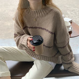 Nukty Women Mock Neck Thicken Warm Sweater Long Sleeve Stripe Knit Oversize Pullovers O-Neck Loose Casual Sweater Women Winter