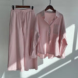 Riolio Spring Summer Women's Two Piece Casual Long Sleeve Shirt Women's Suit Fashion Button Casual Female Wide Leg Pants 2 Piece Sets