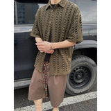 Nukty Fashion Army Green Knitted Hollow out Shirt Men Streetwear Transparent Lapel Short Sleeve Button Camisas Sexy Men Clothing 2XL-M