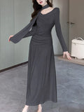 Nukty Elegant Solid Evening Dresses for Women Autumn Wedding Prom Robe Pleated Halter Long Sleeves Swinging Collar Vestidos Mujer New