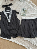Nukty Women Old Money 2000s Aesthetic Cutecore Y2k Korean Fashion Outfits 2 Piece Set Striped Lace Vest  + Hot Mini Pleated Skirts
