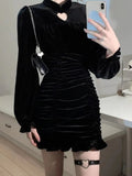 Nukty Velvet Black Bodyocn Sexy Dress Autumn Vintage Holoow Out Wrap Slim Party Evening Short Dresses for Women Robe Female