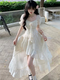 Nukty Elegant Korean Floral Ruffles Fairy Dress Vintage Court Style ShorteSleeve Princess Party Dresses Sweet Slim Waist Vestidos New