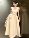 Nukty Spring Summer Elegant French Evening Women's Long Dresses Hign Wasit Sleeveless Square-Collar Plaeted Dress Prom Female Clothes