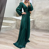 Nukty Cocktail Full Length Women Hem Maxi Dress Luxury Female V-neck Waist Party Dress Elegant Lantern Sleeve Ruffle Satin Dresses