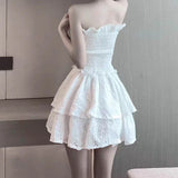 Nukty White Lace Strapless Mini Dress Sweet Sexy Backless Girdle Waist Ruffle Casual Slim Dresses Party Vacation Short Dress