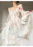 Nukty French Style Print Dress Spring Summer Party Long Sleeve Square Collar Dress for Women Elegant Sweet A Line Mini Dress