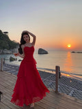 Nukty Elegant Spaghetti Strap Sleeveless Ruffles Dresses Waist Cinched Gown Coastal Outfit Women's French Lace Halter Neck Long Dress