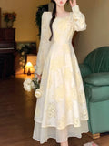 Nukty Autumn Elegant Princess Midi Dresses for Women Vintage Square Collar Long Sleeve Floral A-line Korean Fashion One Piece Vestido