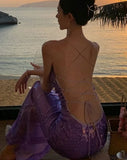 Nukty Purple Sequin Sexy Slim Dress 2024 Women Sleeveless Backless Bandage High Waist Long Dresses Holiday Elegant Party Gown
