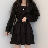 Nukty Women Long Sleeve Black Dresses Square Collar A-Line Sweet Vintage Design High Waist Mini Length Soft Korean Elegant