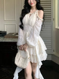 Nukty Elegant Off Shoulder Halter Ruffles Mini Dress Women Autumn Solid Fairy Long Sleeve A-Line Pleated Vestidos Mujer Korean Clothes