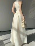 Nukty Summer Vintage Casual Fashion Elegant Sleeveless Long Dress Women V-Neck Corset Plain Folds A-Line Clothes Evening Dresses
