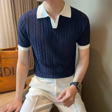 Nukty Men's Knit Short Sleeve Polo Shirt Casual Soft Supple High-end Feel Round Neck Loose-fit Top Japanese Style Solid Color