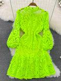 Nukty Vintage Hollow out Lace Floral Embroidery Dress For Women Spring Stand collar Puff Sleeve High Waist Mermaid Short Lace Dress