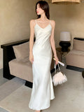 Nukty Elegant Satin Mermaid Dresses for Women V-Neck Long Sleeves Spaghetti Strap Evening Party Dress Prom Robe One Piece Vestidos New