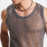 Nukty Men's Hollow Out Mesh Tank Tops Fashion Vests Tassel Sleeveless Streetwear Heavy Craft Perspective Sexy Performance Nightclub