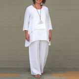 Nukty Fake Two-piece Cotton Linen White Set Women's Casual Irregular Top + Wide-leg Pants 2-piece Suit Loose Oversized Women Outfit