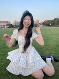 Nukty Floral Mini Dresses Women Backless Summer Sexy Spaghetti Romantic A-line French Style Y2k Holiday Basics Girlish Dating Clothes