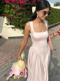 Nukty Women Fashion Pink Pleated Hem Maxi Dress Elegant Square Neck High Waist Long Robes Summer New Elegant High Streetwear