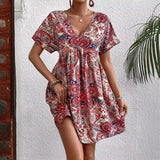 Nukty 2024 Summer New Women Ethnic Graphic Print Dress Beach Bohemian Sundress V Neck Short Sleeve Dress Holiday Dresses Vestidos