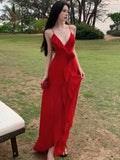 Nukty Sexy Spaghetti Strap Womens Dresses Elegant Backless V-neck Ruffles Evening Party Long Dress Beach Casual Robe Female Outfits